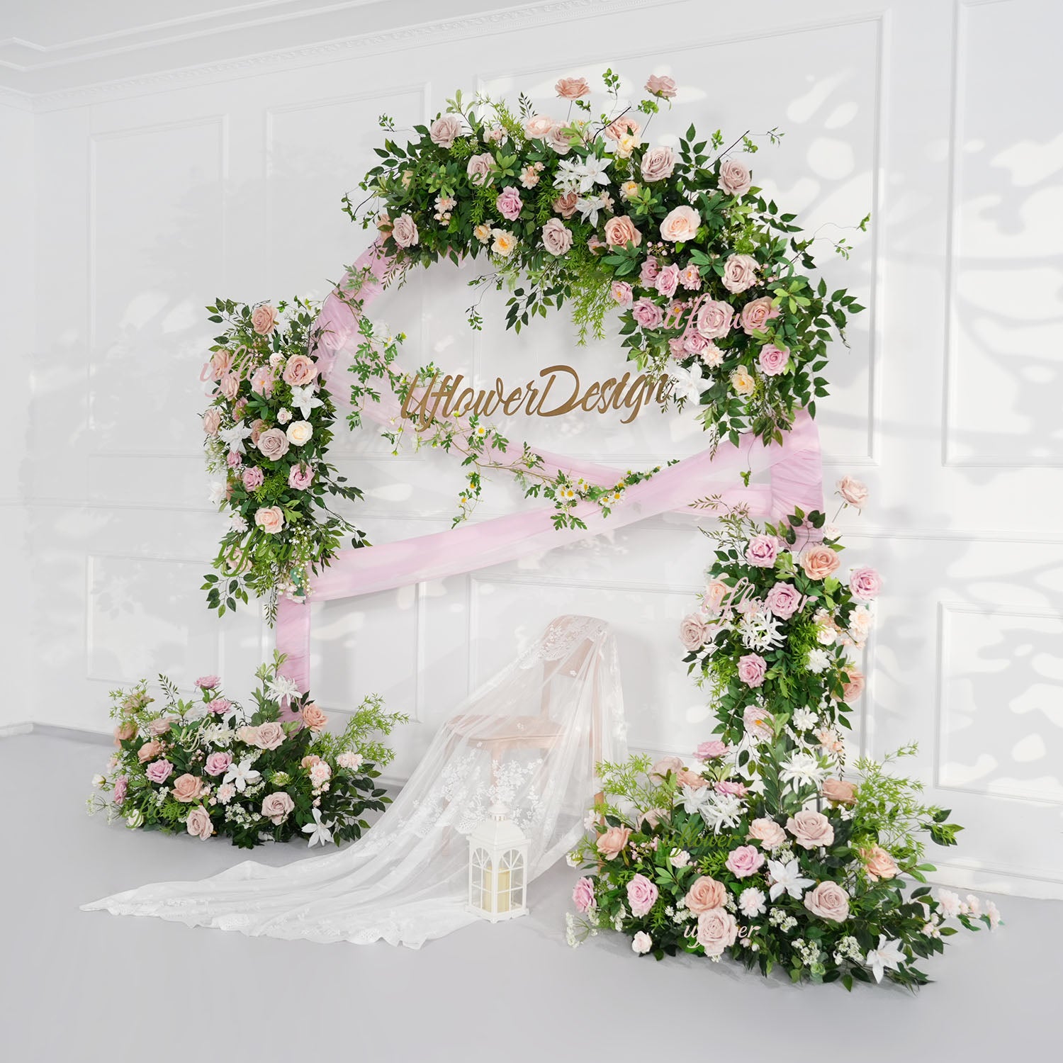 Uflower Champagne Pink Rose Green Leaf Hang Flower Floor Floral Wedding Party Event Props